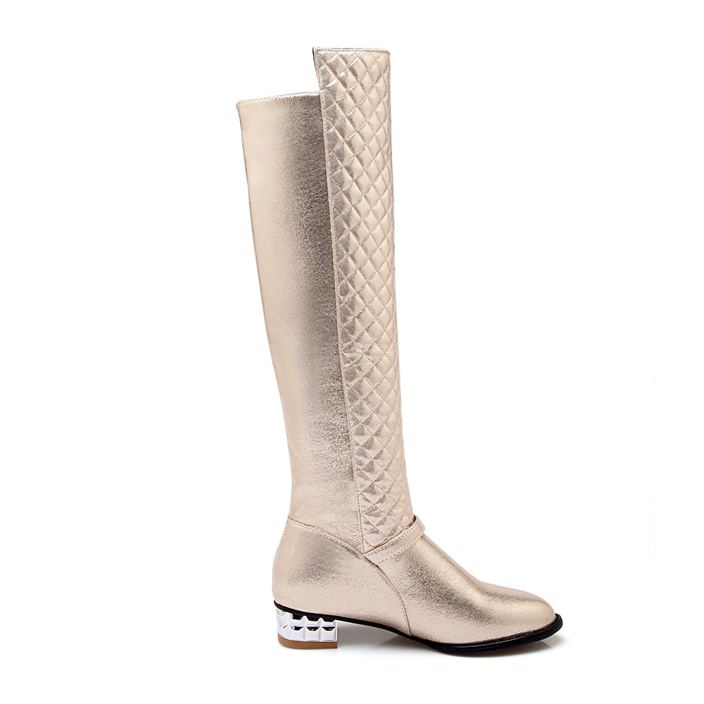 Champagne Round Toe Flats Quilted Zipper Knee High Boots