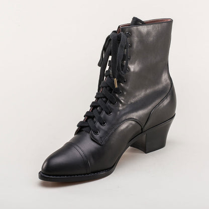 Black Lace-Up Chunky Heel Ankle Boots for Women with Almond Toe