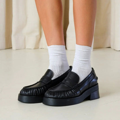 Black Round Toe Pleated Details Chunky Heel Platform Loafers
