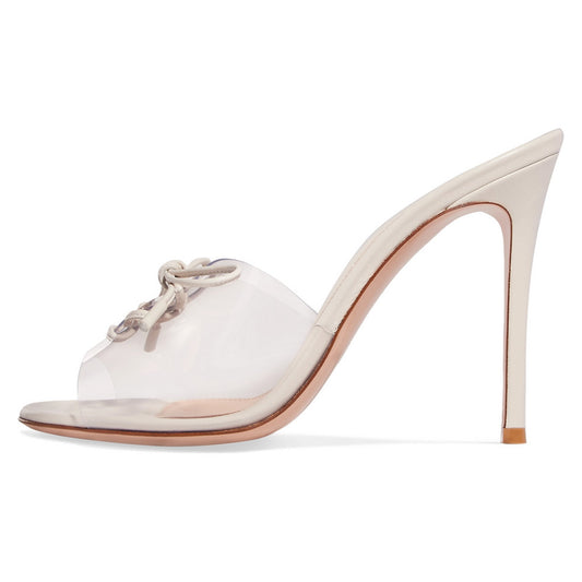 Women's Beige Peep Toe Heels Transparent Band Lace-Up Mules Sandals