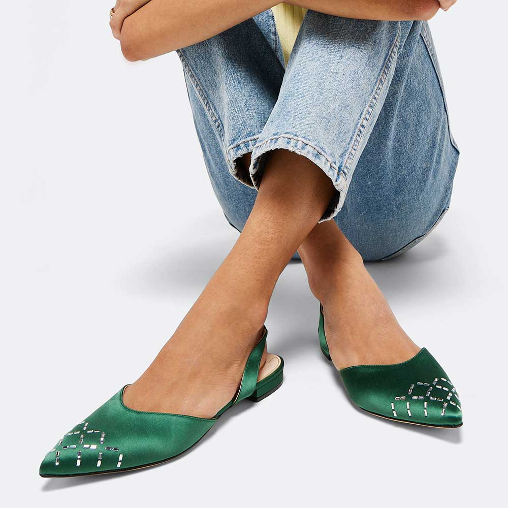 Green Satin Crystal Embellished Pointed Toe Flats Slingback Shoes