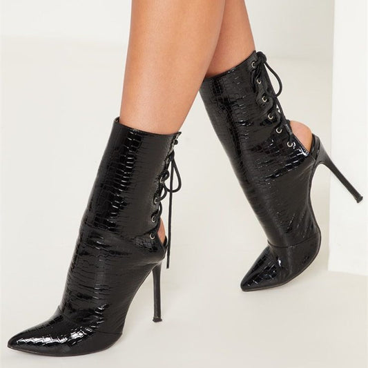Black Croco Embossed Ankle Boots Back Lace-Up Pointed Toe Booties