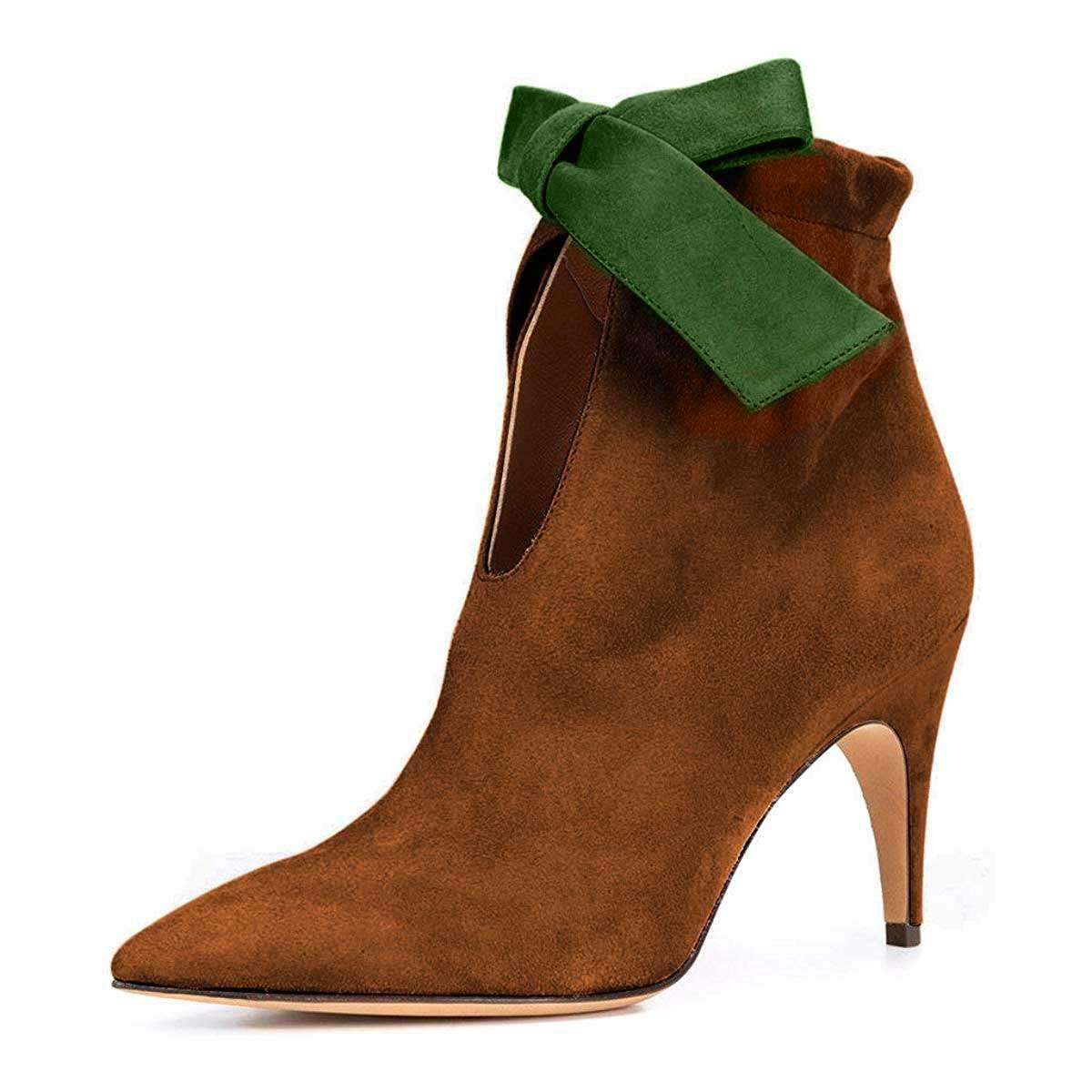 Women's Vegan Suede Pointed Toe Bowknot Decor Heeled Ankle Boots