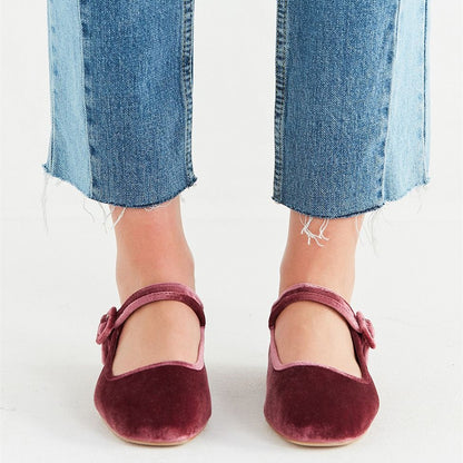 Maroon Velvet Mary Jane Shoes Square Toe Buckle Strap Flats