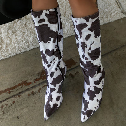 Women's Pointed Toe Cow Print Side Zipper Flared Heel Mid Calf Boots