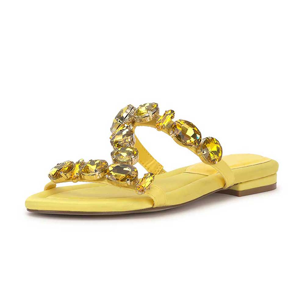 Yellow Vegan Leather Round Toe Flat Rhinestone Strappy Slippers