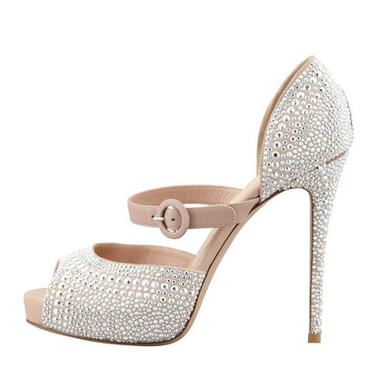 Nude Prom Shoes Peep Toe Studded Buckle Strap Platform Stiletto Heels