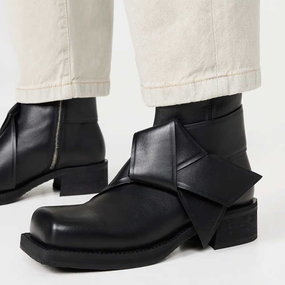 Black Square Toe Side-Zipper Ankle Boots with Front Twisted Knot