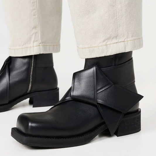Black Square Toe Side-Zipper Ankle Boots with Front Twisted Knot