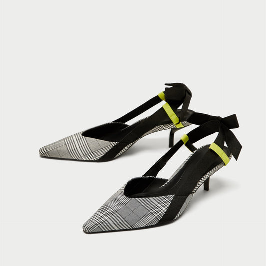 Women's Houndstooth Kitten Heels Pointed Toe Slingback Pumps with Bow