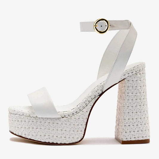 White Ankle Strap Open Toe Woven Details Platform Heel Sandals