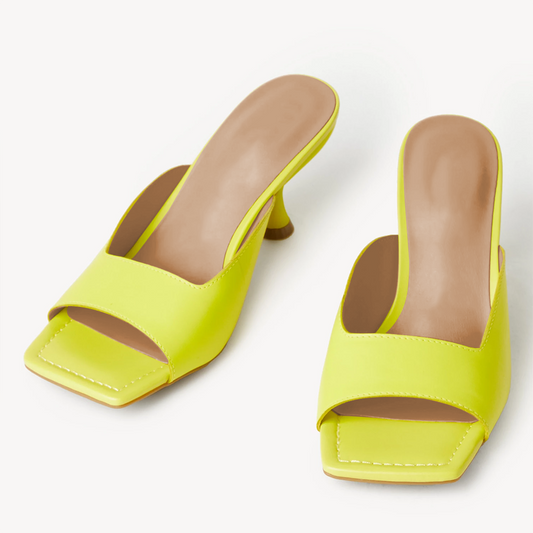 Yellow Square Toe Stiletto Heel Wide Band Mules