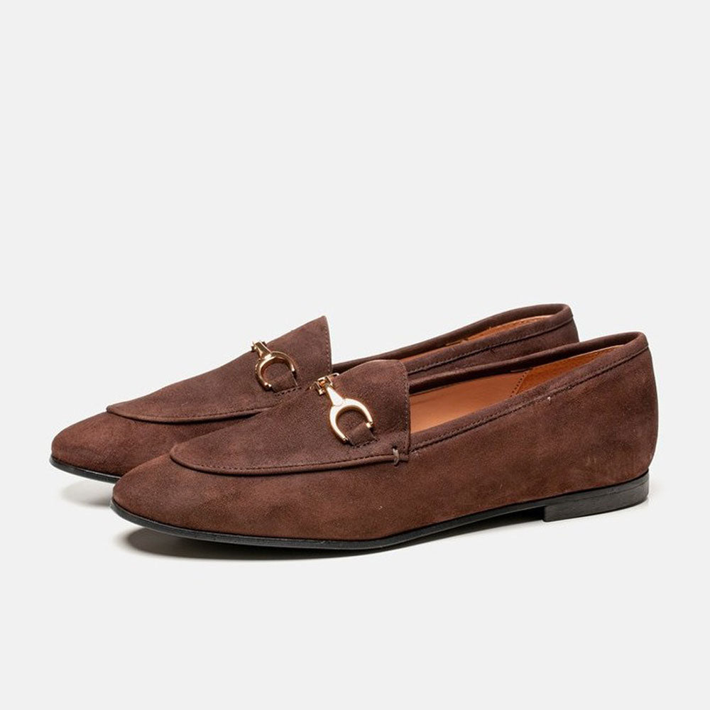 Brown Faux Suede Round Toe Formal Flat Loafers with Chain