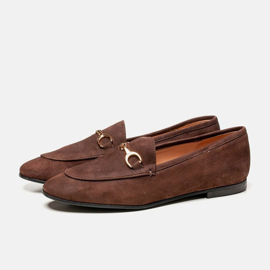 Brown Faux Suede Round Toe Formal Flat Loafers with Chain