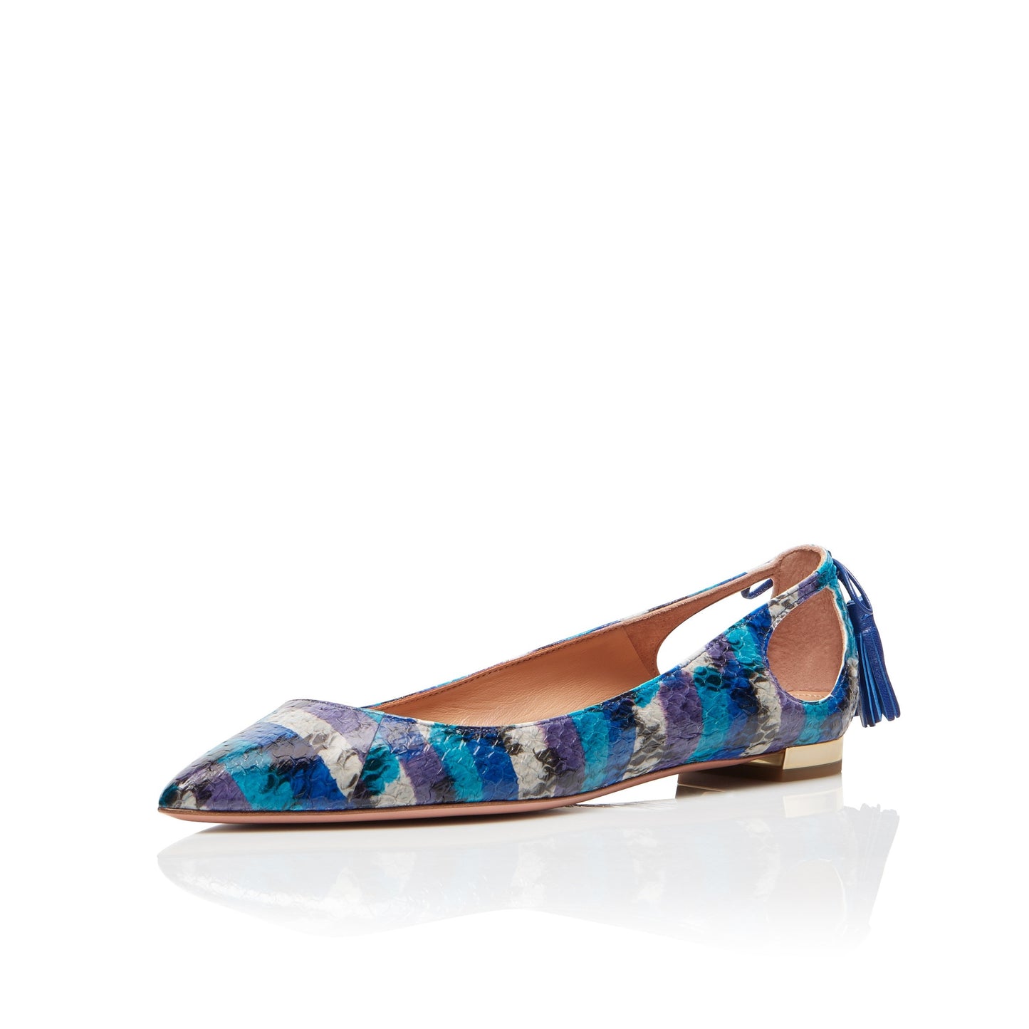 Blue Python Embossed Cut Out Women's Pointed Toe Flats with Tassels