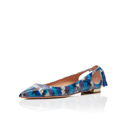 Blue Python Embossed Cut Out Women's Pointed Toe Flats with Tassels