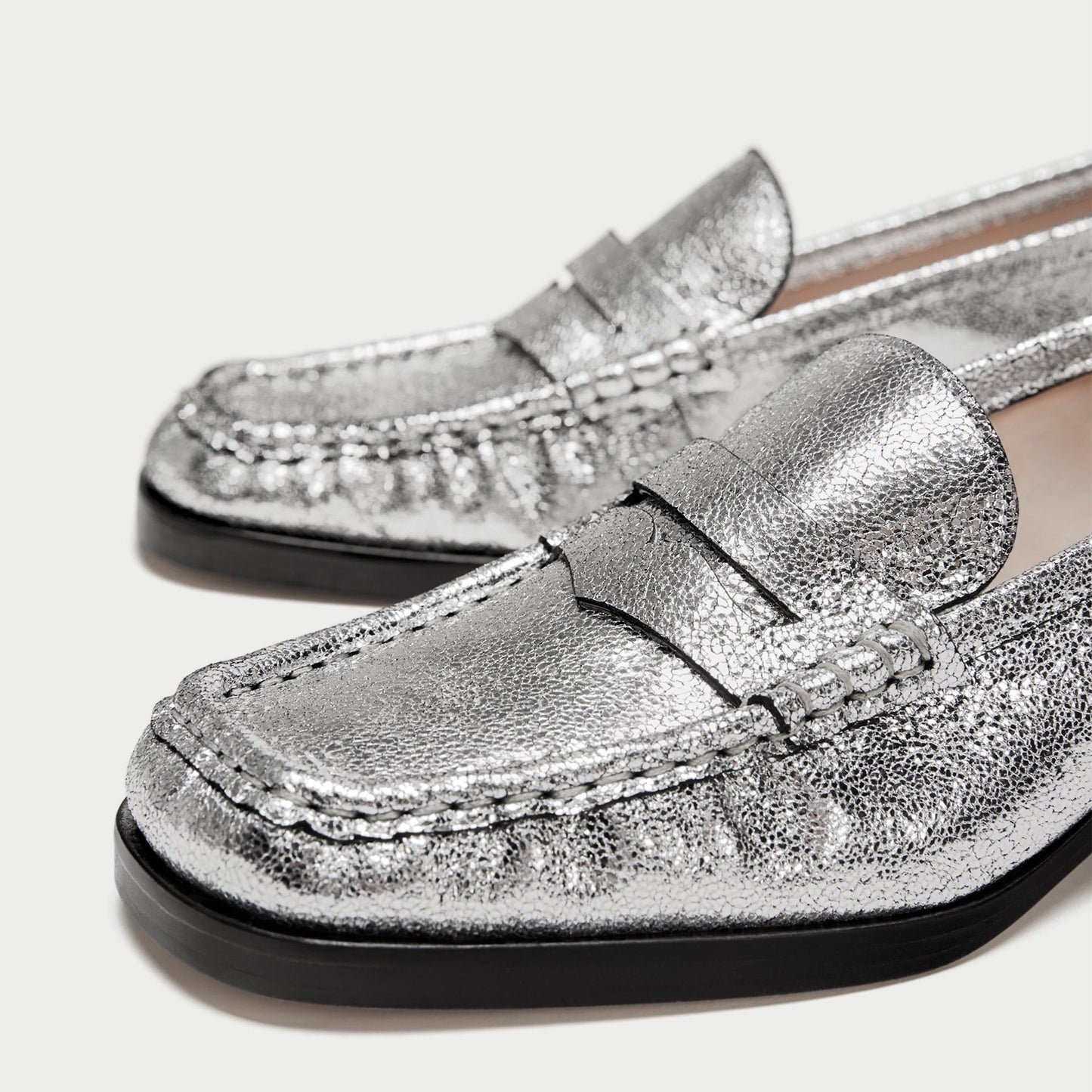 Silver Square Toe Low Heel Slip-On Penny Loafers for Women