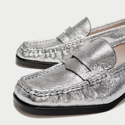 Silver Square Toe Low Heel Slip-On Penny Loafers for Women