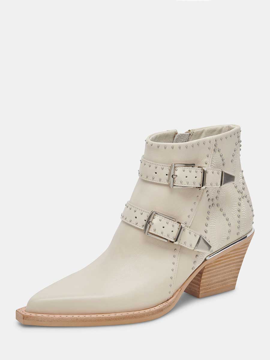 Ivory Vegan Leather Snip Toe Side-Zip Cowgirl Ankle Boots With Chunky Heels