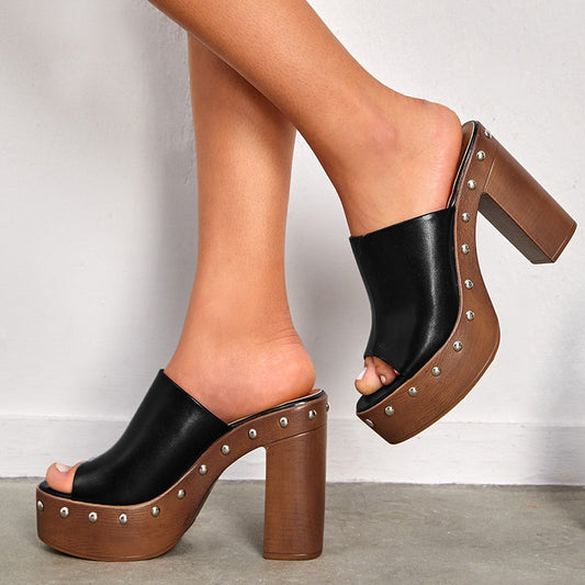 Black  Peep Toe Wide Band Studded Platform Mules With Chunky Heels
