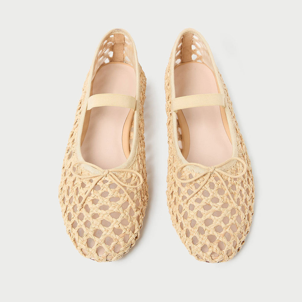 Beige Vegan Leather Round Toe Flat Woven Sophisticated Ballet Shoes