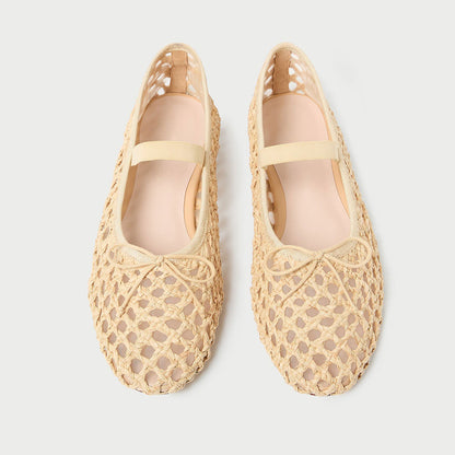 Beige Vegan Leather Round Toe Flat Woven Sophisticated Ballet Shoes