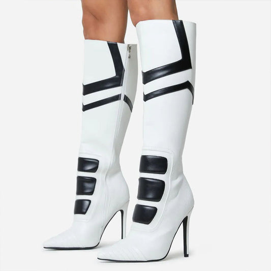 Black & White Stiletto Heel Pointed Toe Knee High Boots with Zipper