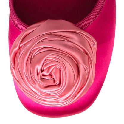 Satin Square Toe Rose Embellishment Ballet Flats in Hot Pink