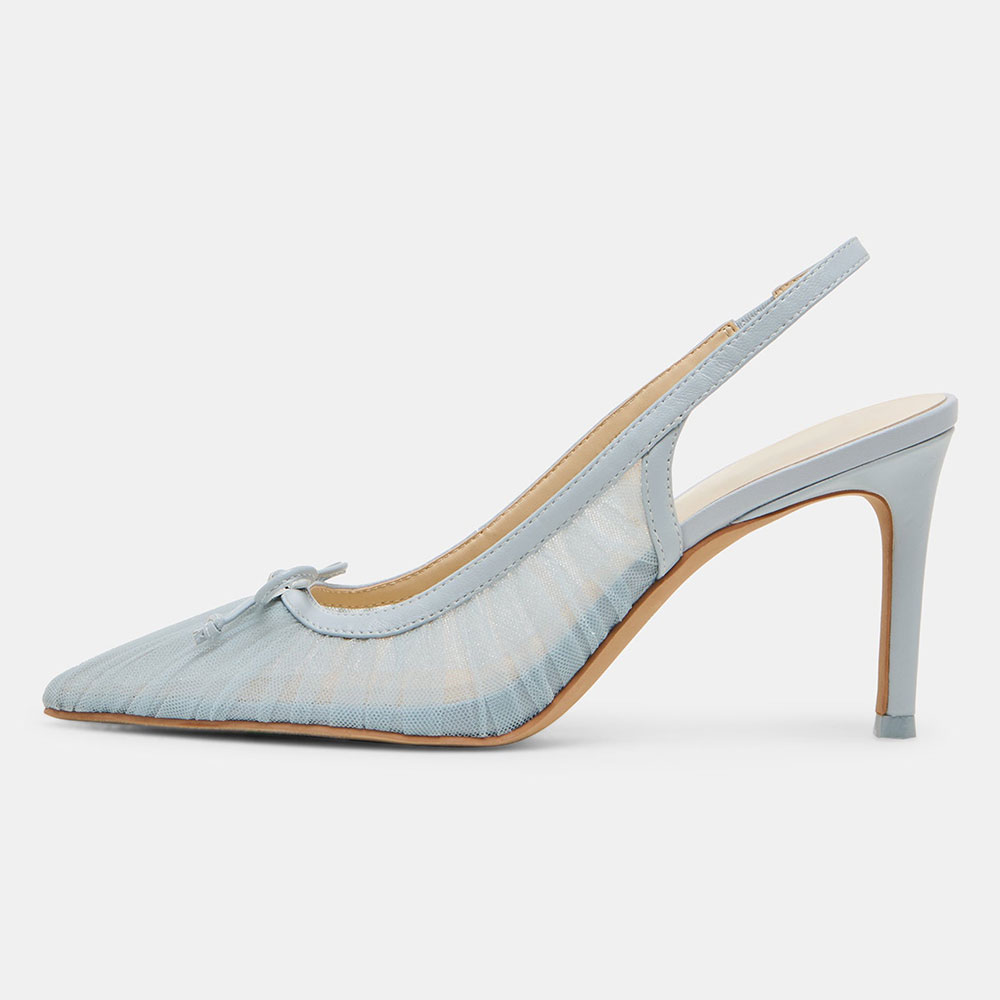 Light Blue Mesh Pleated Pointed Toe Bow Decor Slingback Heels