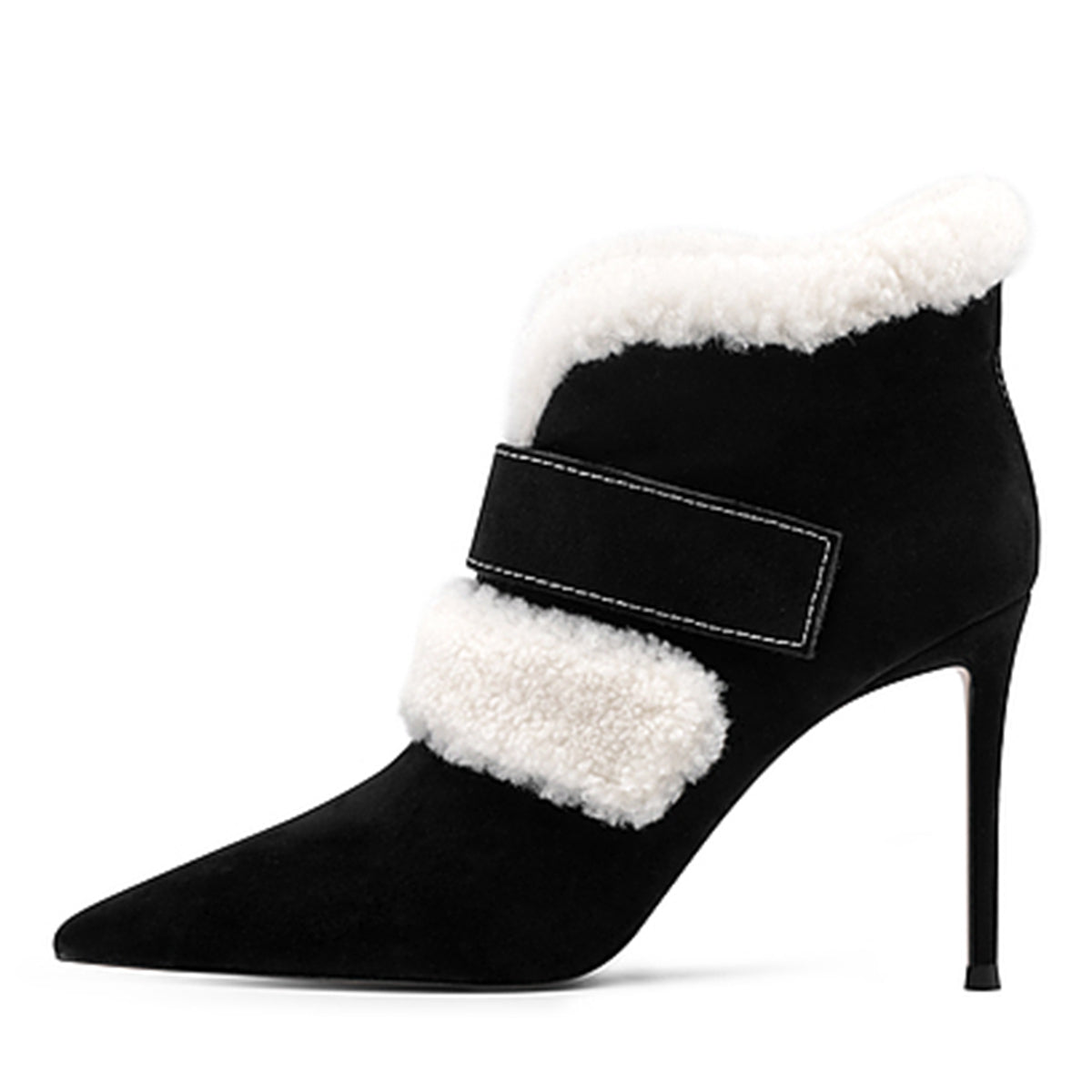 Black & White Pointed Toe Stiletto Heel Faux Fur Ankle Boots for Women