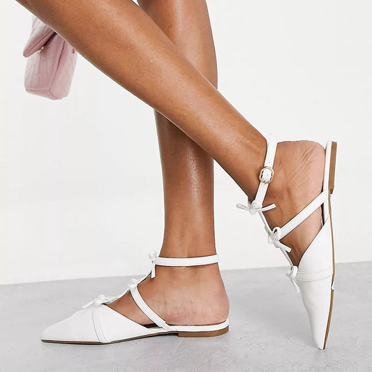 White Pointed Toe T-Strap Bow Embellished Flats Commuting Shoes