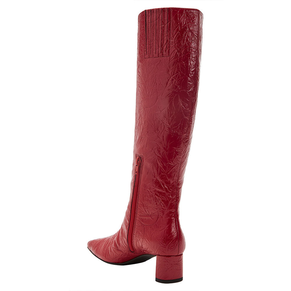 Red Crinkled Finish Square Toe Side-Zipper Heeled Knee High Boots