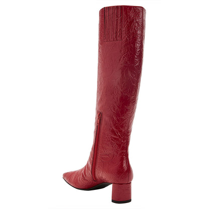 Red Crinkled Finish Square Toe Side-Zipper Heeled Knee High Boots