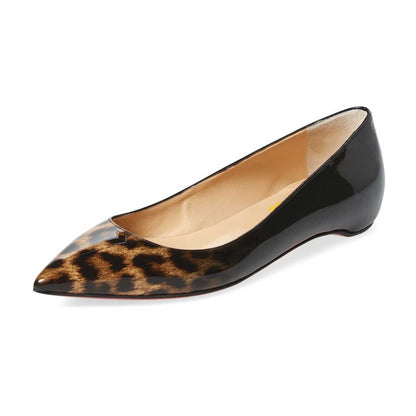 Women's Black and Leopard Print Ombre Patent Leather Pointed Toe Flats