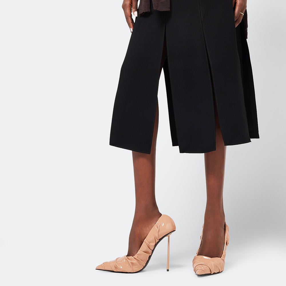 Women's Pointed Toe Nude Pumps Patent Leather Ruched Stiletto Heels