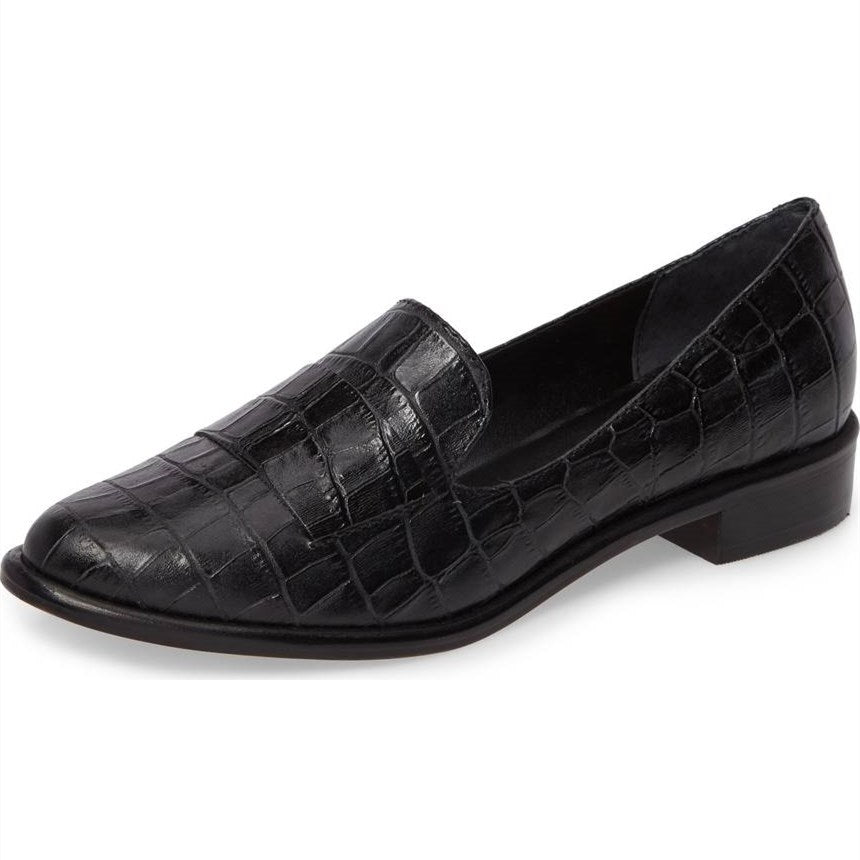 Black Croco Embossed Almond Toe Low-Heel Women's Loafers