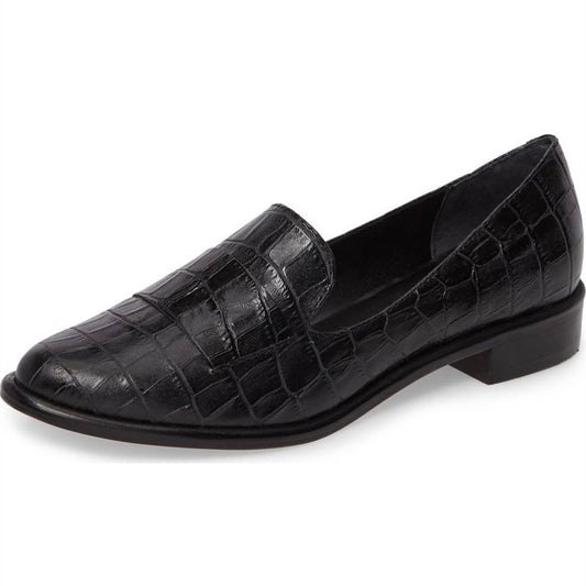Black Croco Embossed Almond Toe Low-Heel Women's Loafers