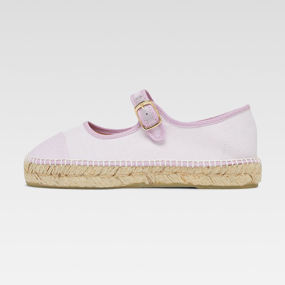 Lavender & White Round Toe Buckled Strap Espadrille Mary Jane Flats