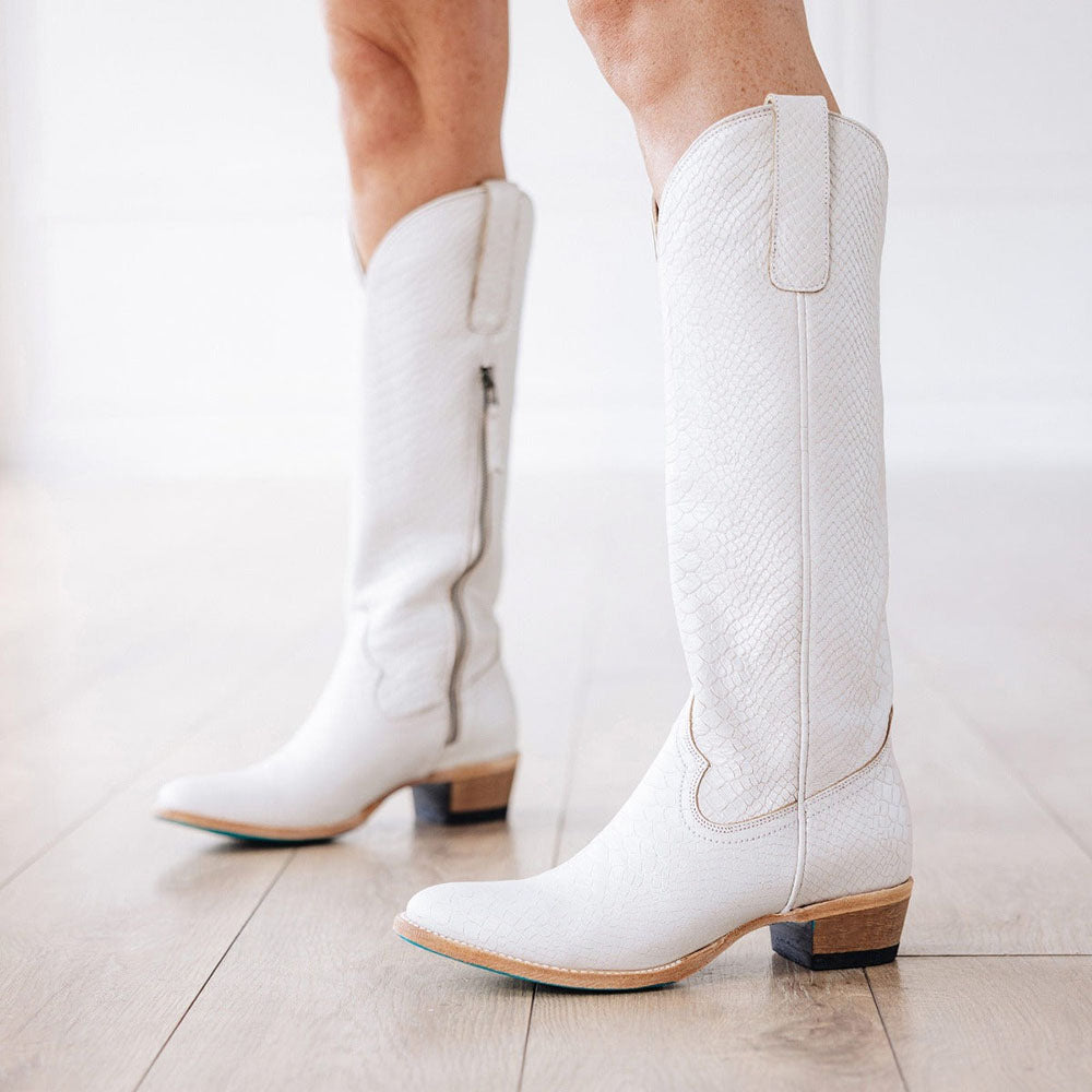 White Vegan Leather Closed Toe  Chunky Heel Knee High Boots