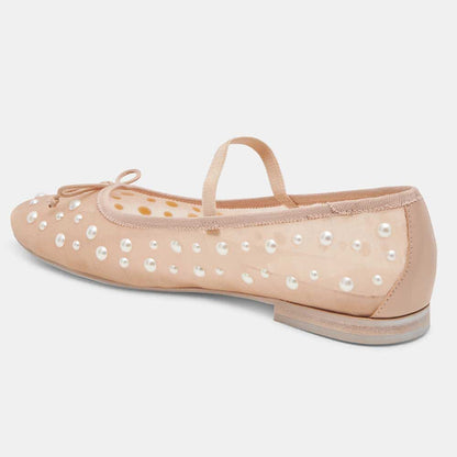 Nude Round Toe Bow Decor Mesh Flats with Pearl Embellished
