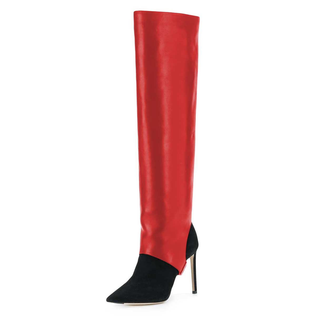 Red and Black Stiletto Heel Pointed Toe Knee High Boots for Women