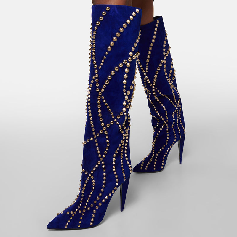 Blue Pointed Toe High Heel Studs Knee High Boots