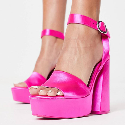Hot Pink Satin Open Toe Platform Heels Ankle Strap Party Sandals