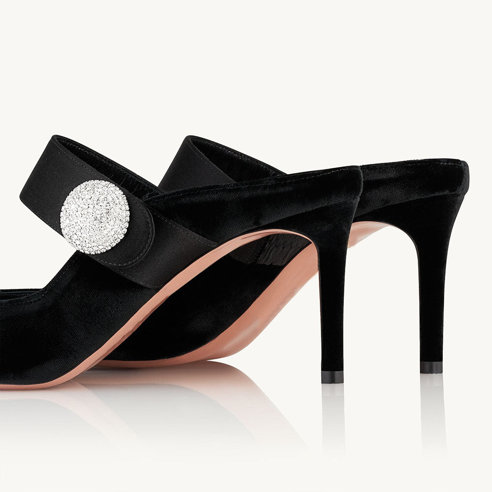 Black & Satin Velvet Pointed Toe Stiletto Heel Mules