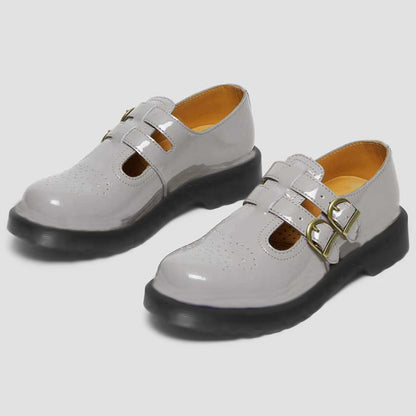 Gray Patent Leather Rounded Toe Flat Lug Sole Loafers with Buckles