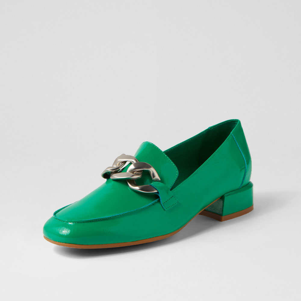 Green Patent Leather Metal Chain Women's Loafers with Block Heel