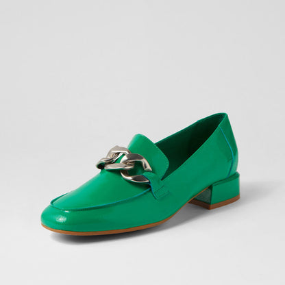 Green Patent Leather Metal Chain Women's Loafers with Block Heel