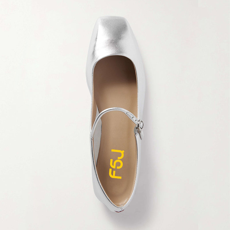 Silver Metallic Finish Square Toe Comfy Mary Jane Flats for Women