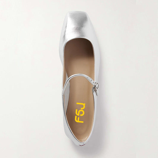 Silver Metallic Finish Square Toe Comfy Mary Jane Flats for Women