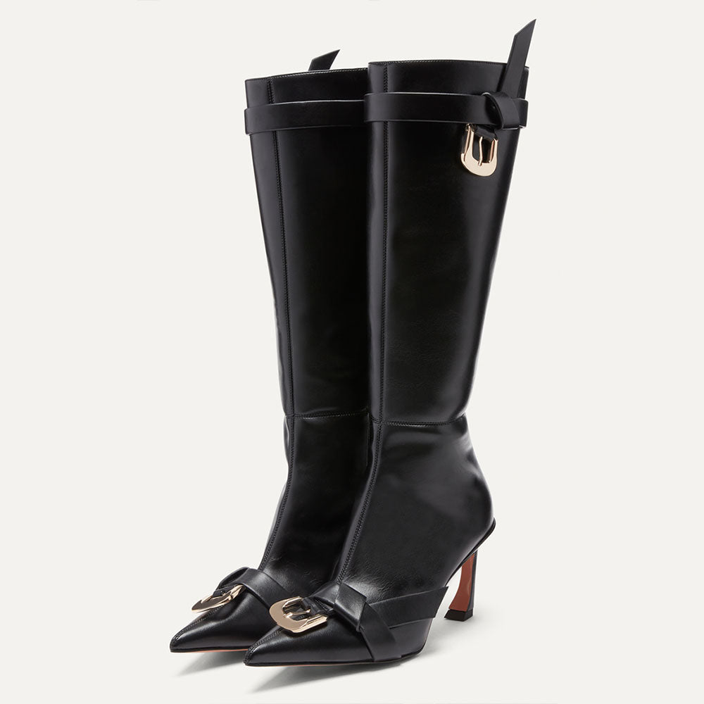 Pointy Toe Sculptural Heel Buckle Knotted Knee High Boots in Black